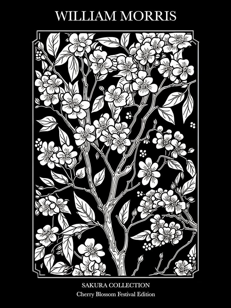 William Morris  Style Cherry Blossom Black And White 1