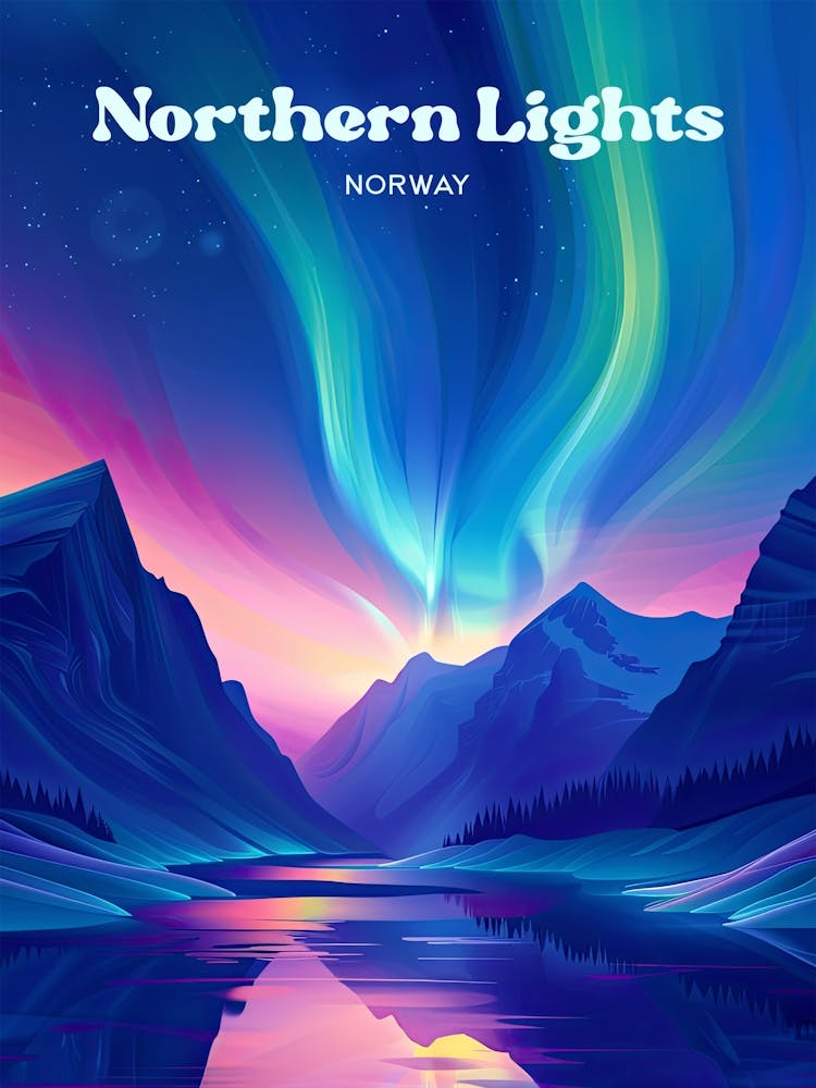 Northern Lights Norway Aurora Borealis Digital Travel Illustration
