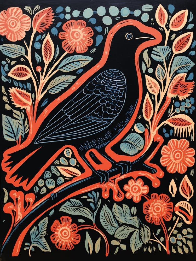 Vintage Bird Linocut Raven 1