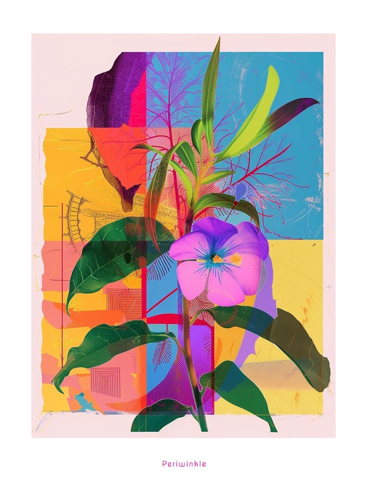 Periwinkle (Vinca) 2 Neon Flower Collage Poster
