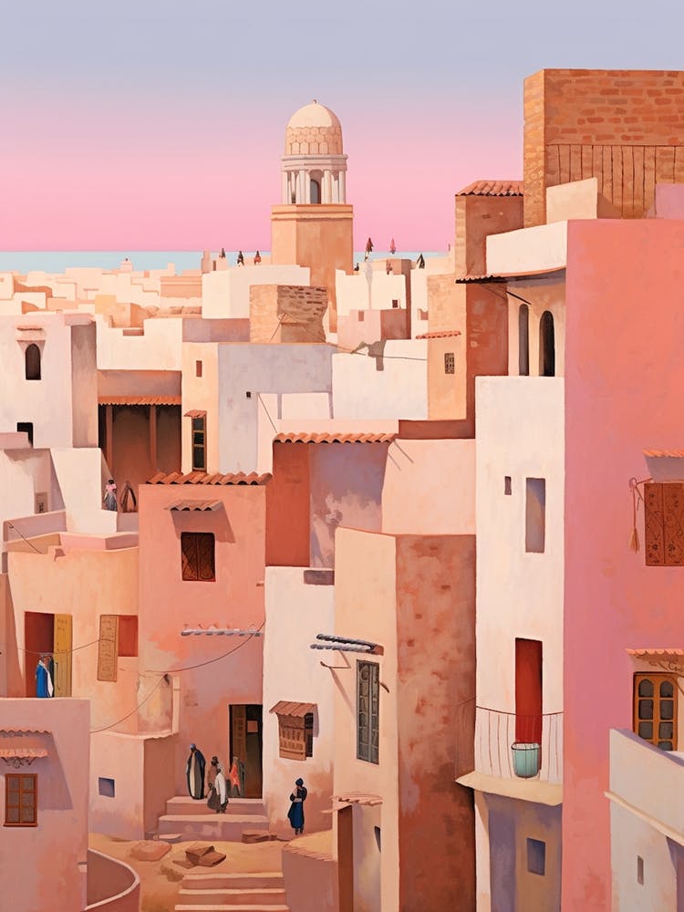 Essaouira Morocco 2 Vintage Pink Travel Illustration