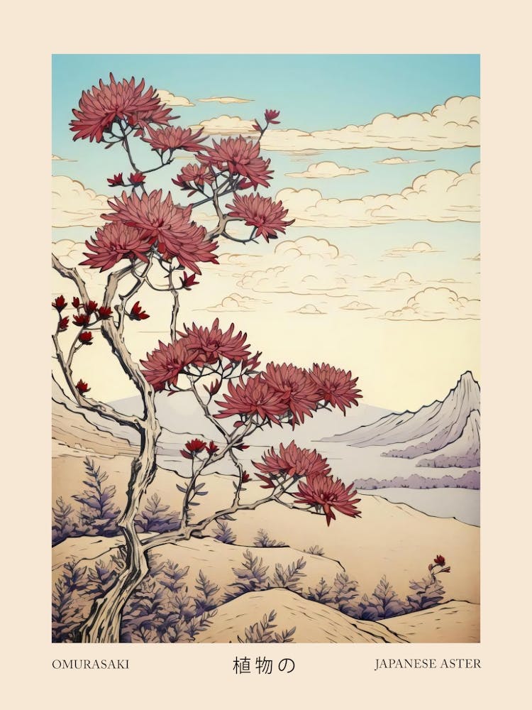 Omurasaki Japanese Aster 1 Vintage Japanese Botanical Poster