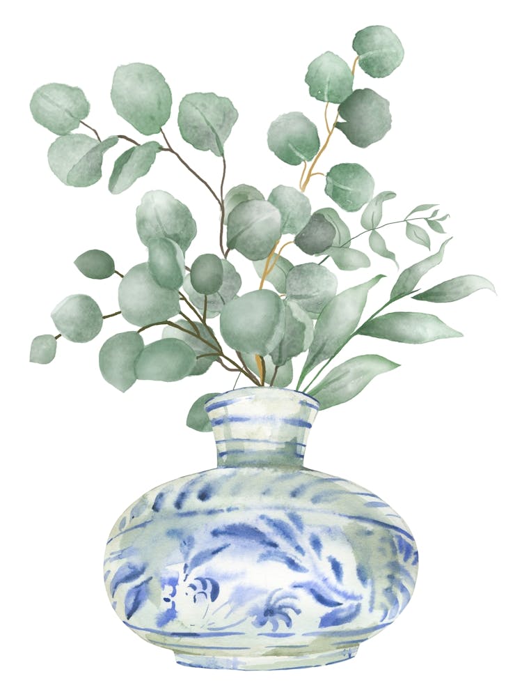 Eucalyptus Flowers leaves in a vase green and blue print