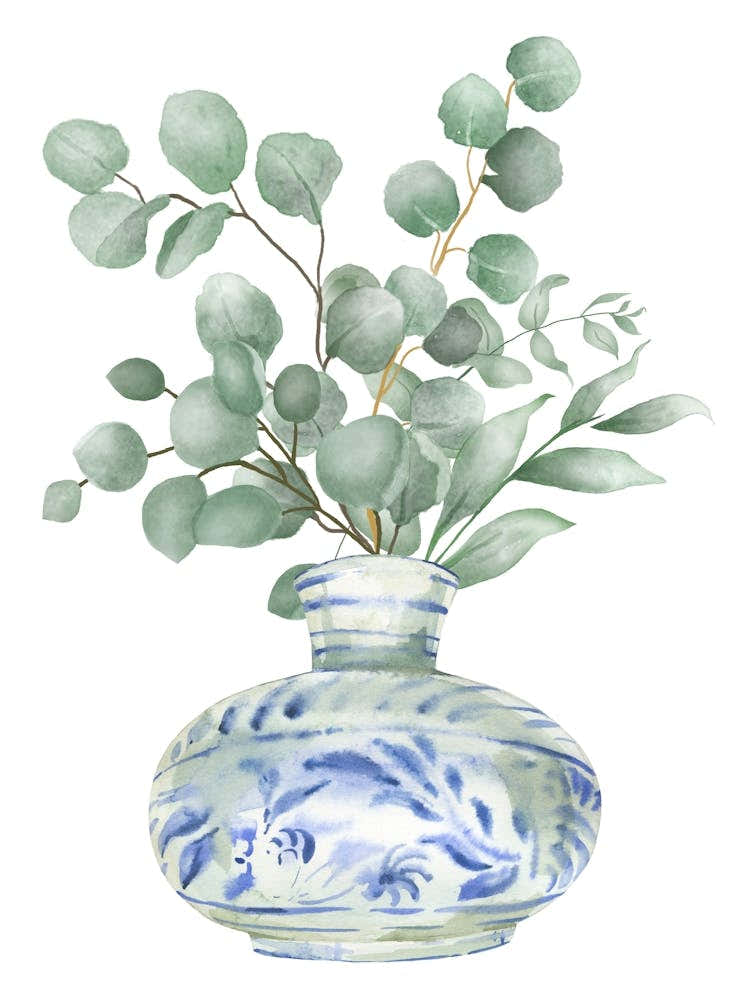 Eucalyptus Flowers leaves in a vase green and blue print