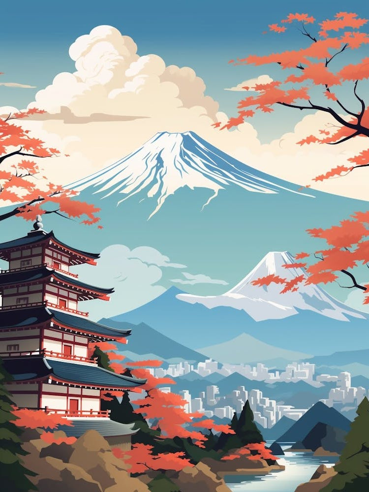 Mountains And Hot Springs Japanese Style Illustration 12