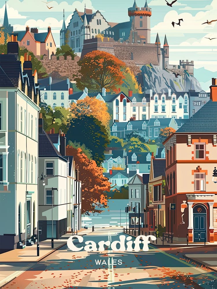 Cardiff Wales Retro Digital Travel Art