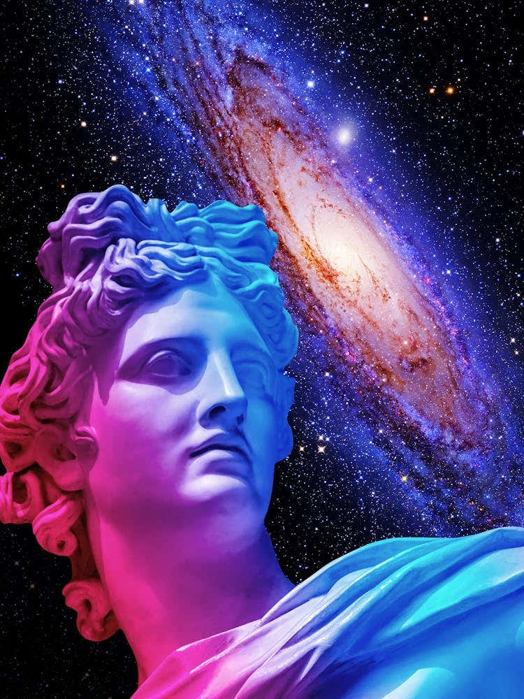 Vaporwave Apollo Bust poster - Neon Greek Statue & Andromeda Galaxy - Milky Way galaxy, Retro-Futuristic Aesthetic Wall Art, Cyberpunk Decor