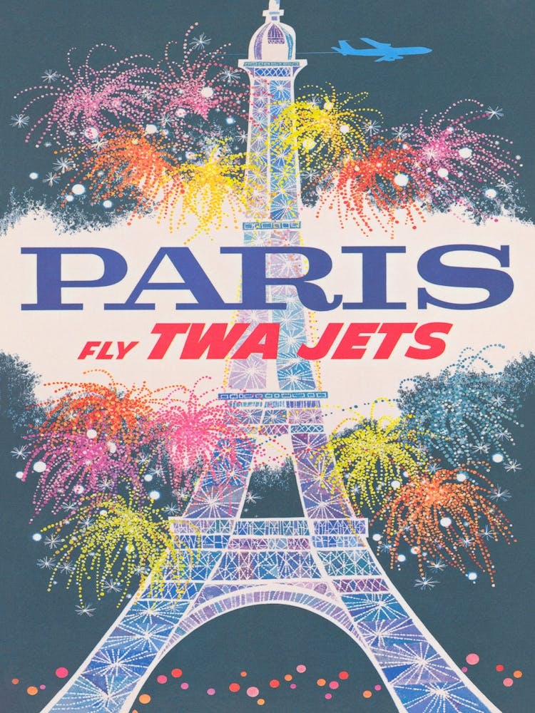 Paris France, Eiffel Tower, Fireworks, Colorful Retro Vintage Travel Poster