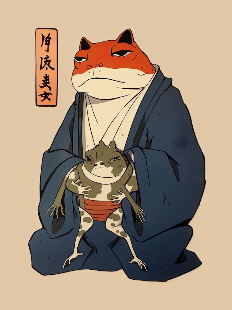 Frog And Cat, Matsumoto Hoji Inspired Japanese Woodblock 1