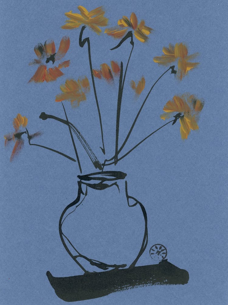 Flowers In A Vase blue grey gray block ochre floral black ink painting hand painted bedroom living room