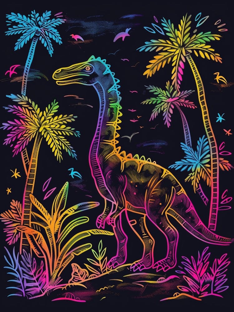 Neon Dinosaur With Palm Trees Line Illustration