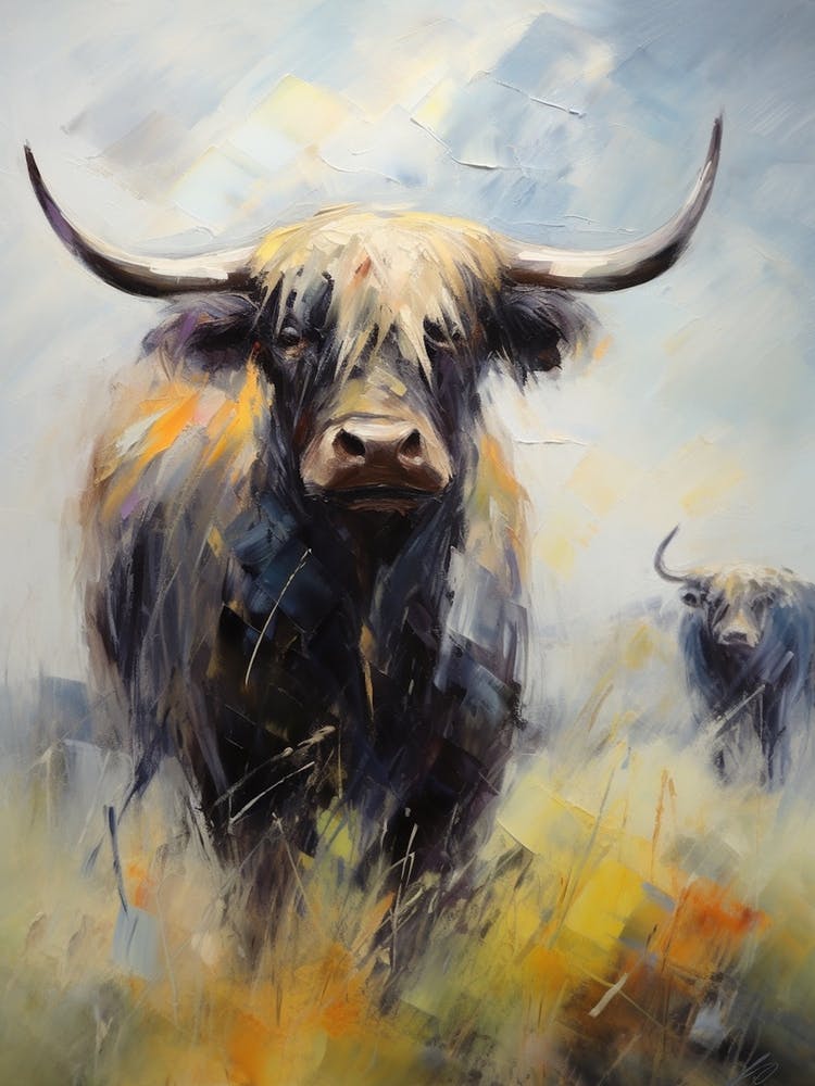 Dark Tones Impressionism Of Two Highland Cows 1