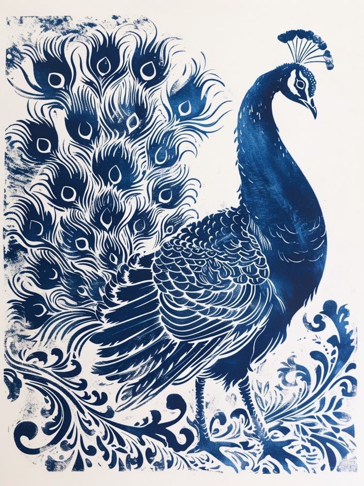 Navy Blue Peacock Linocut Portrait 2
