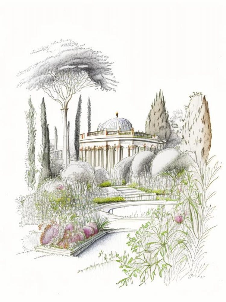 Giardino Di Boboli, Italy Vintage Pencil Drawing