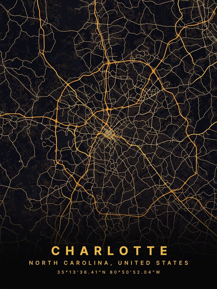 Charlotte North Carolina USA Black And Gold Map