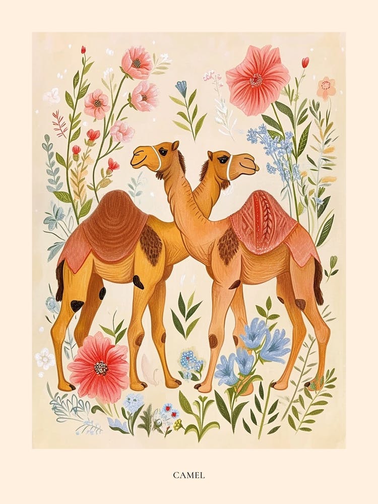 Folksy Floral Animal Drawing Camel 3 Poster