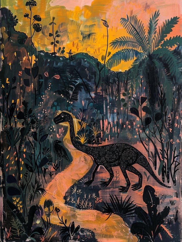 Dinosaur At Sunset By The River Painting