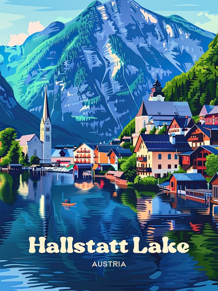 Hallstatt Lake Austria Colorful Art Illustration