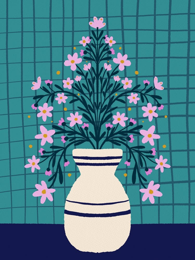 Flowers In A Vase Pink And Turquoise