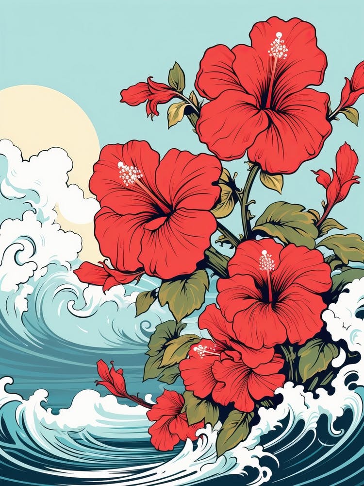 Great Wave With Hibiscus Flower Drawing In The Style Of Ukiyo E 3