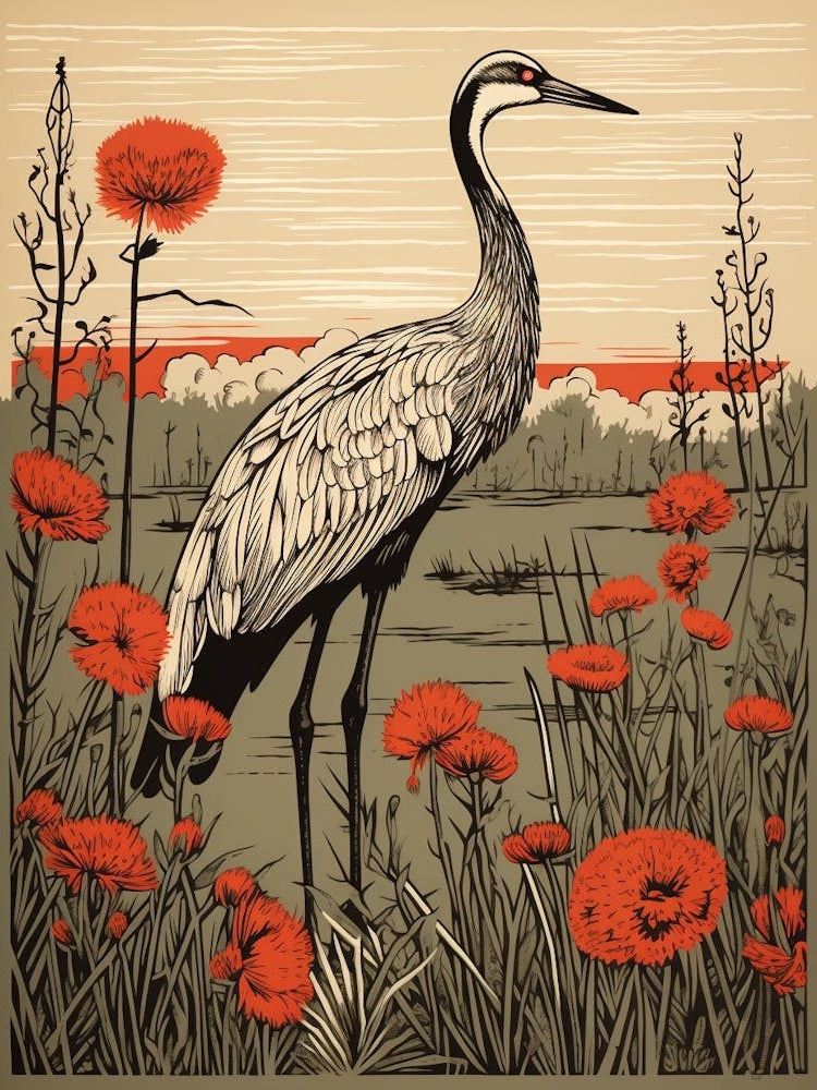 Vintage Bird Linocut Crane 3