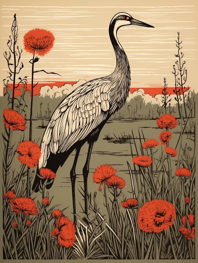 Vintage Bird Linocut Crane 3