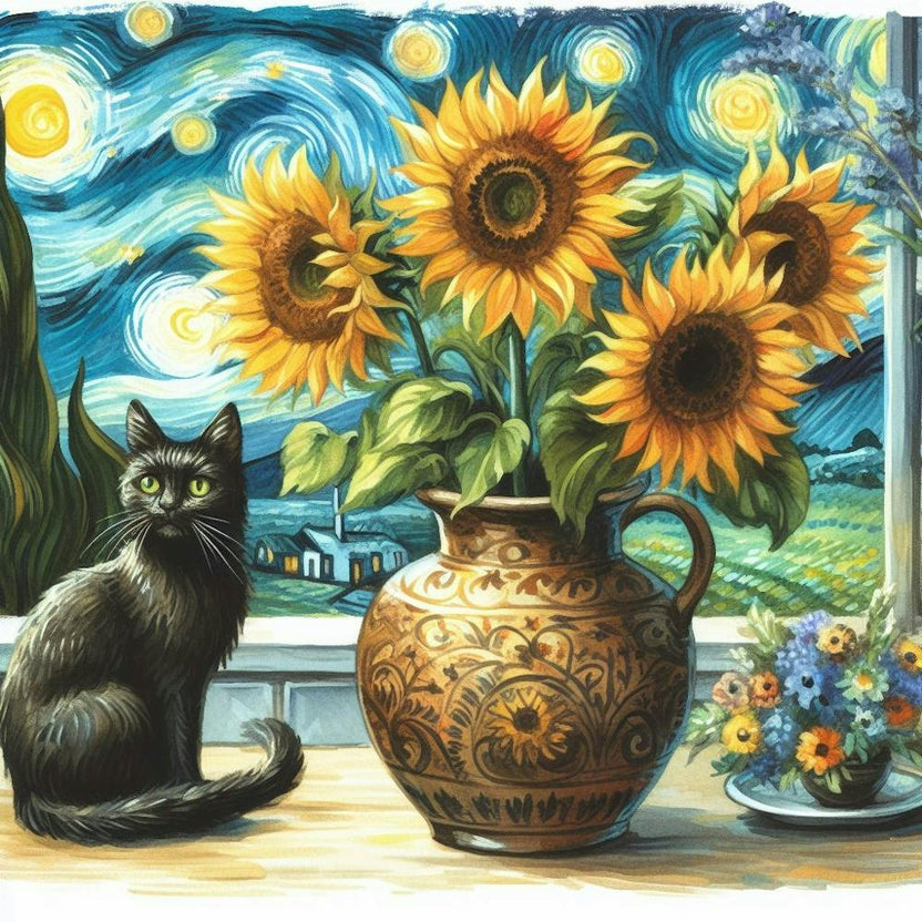 Starry Night watercolor pestel painting Vase With Three Sunflowers With A Black Cat, Van Gogh Inspired