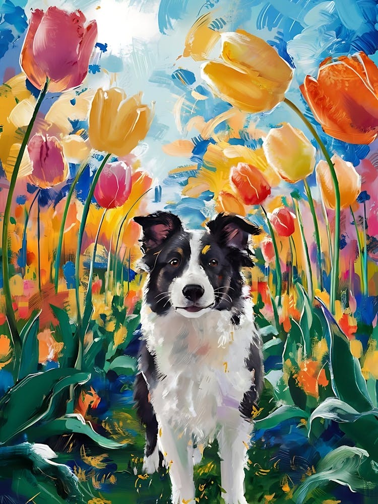 Border Collie In Tulips