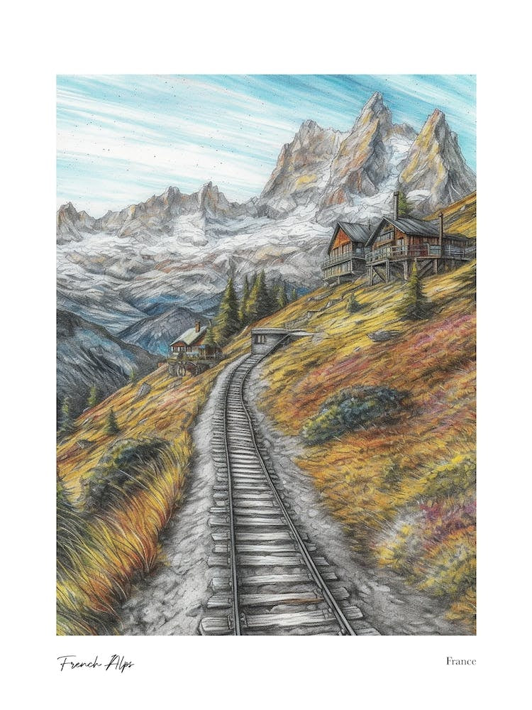 French Alps France Pencil Sketch 1 Watercolour Travel Poster