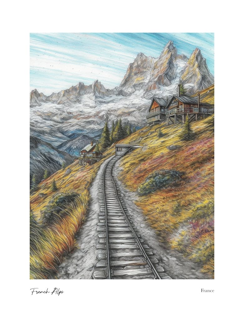 French Alps France Pencil Sketch 1 Watercolour Travel Poster