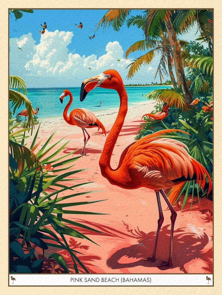 Greater Flamingo Pink Sand Beach Bahamas Tropical Illustration 5 Poster