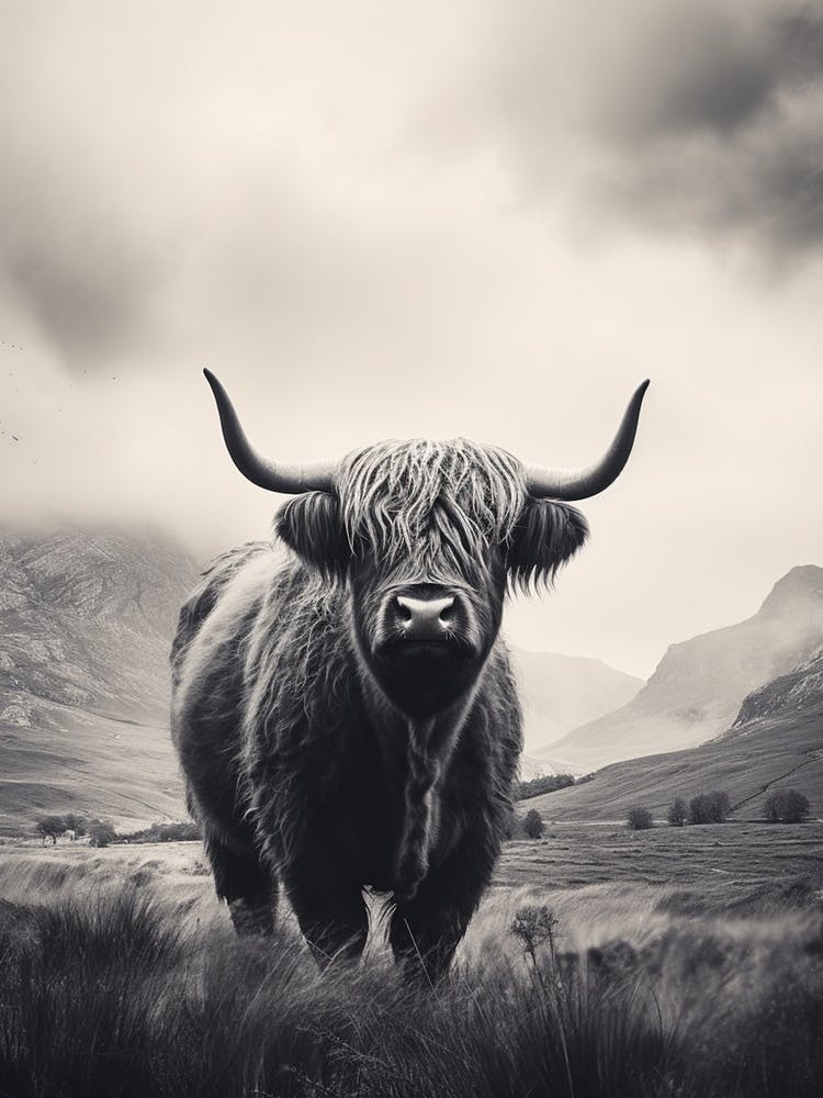 Stippling Black & White Illustration Of Highland Cow On A Cloudy Day
