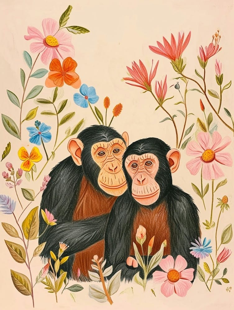 Folksy Floral Animal Drawing Chimpanzee 7