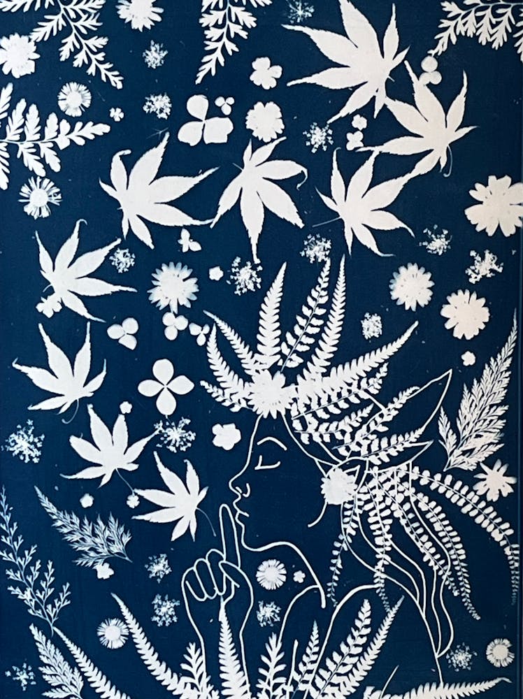 Blue ferns and flower cyanotype