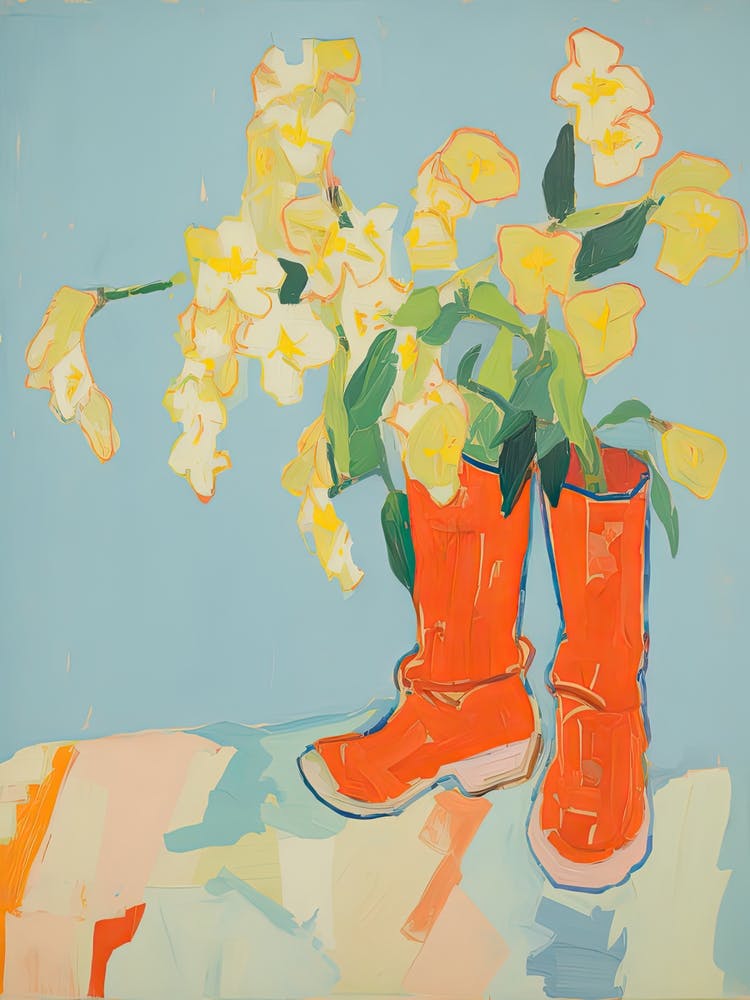 Painting Of Yellow Flowers And Cowboy Boots, Oil Style 4