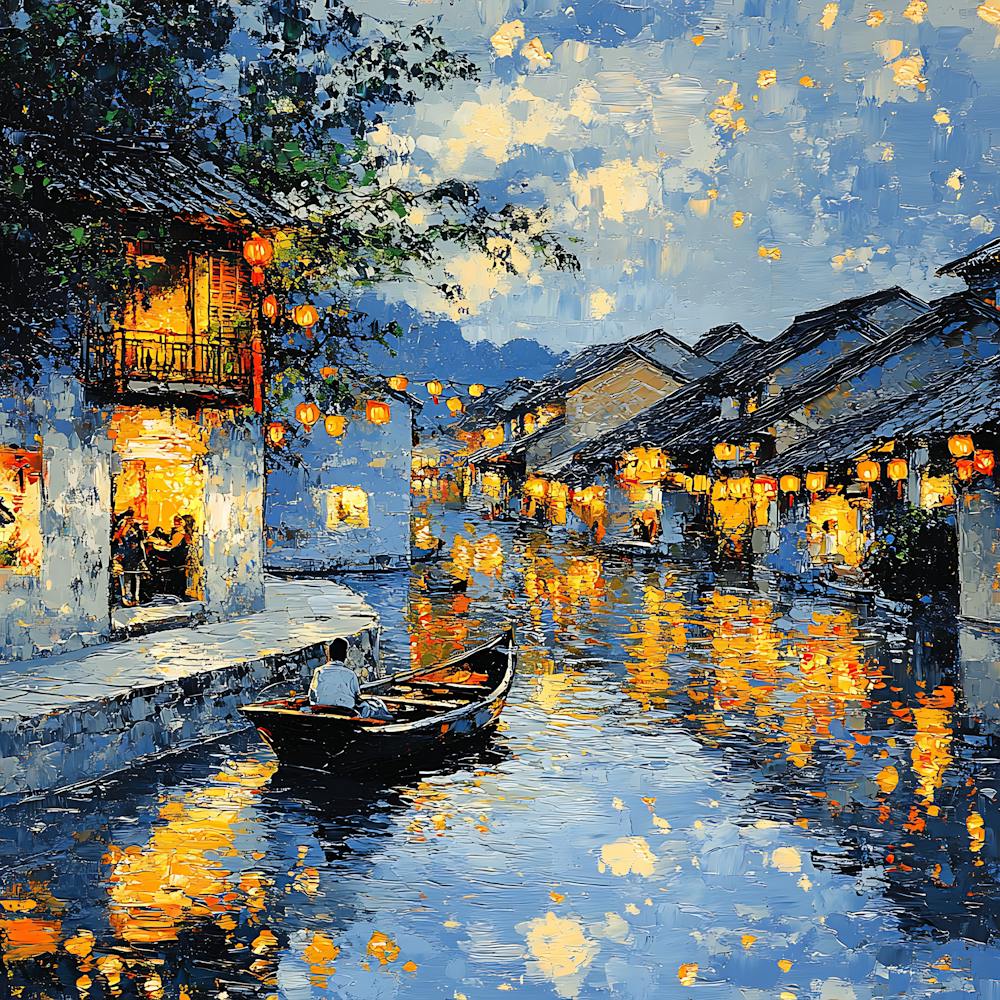 Peaceful Village Waterway Night Scene 6