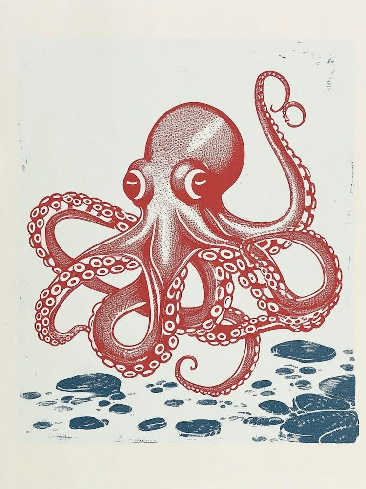 Sweet Red Octopus On The Ocean Floor With Rocks