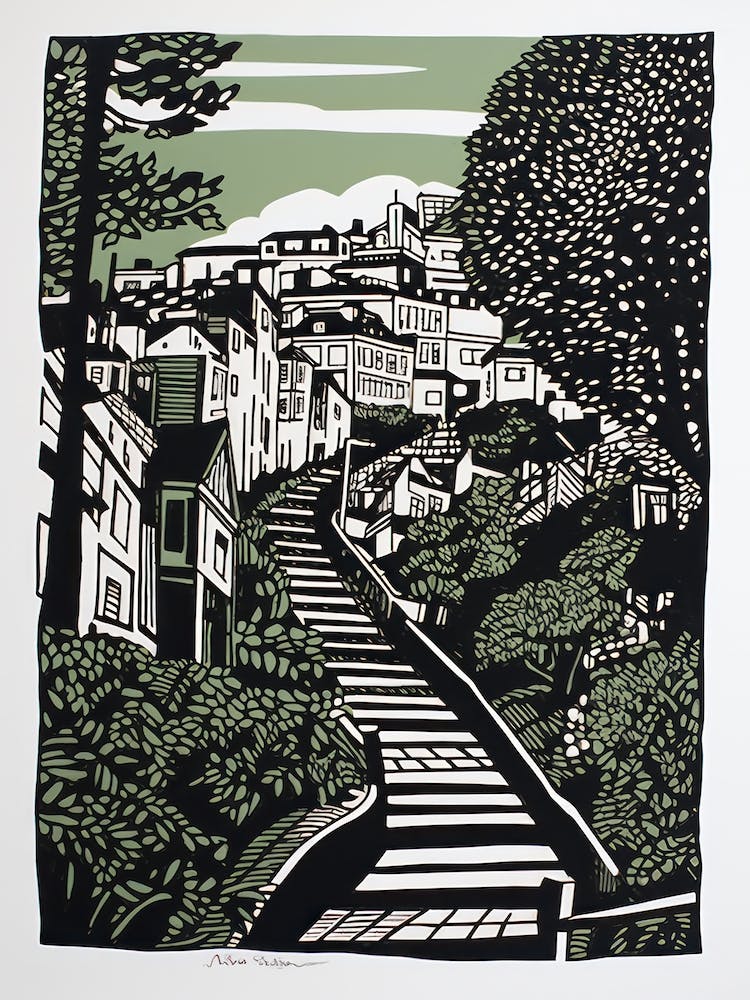 Lombard Street San Francisco Linocut Illustration Style 4
