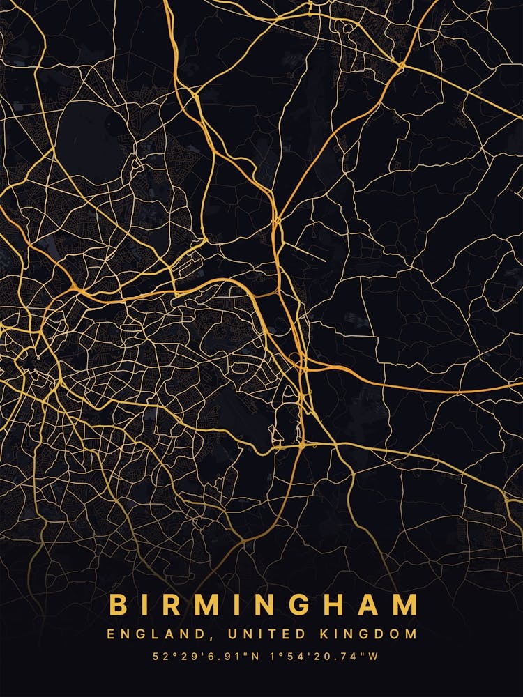 Birmingham England Black And Gold Map