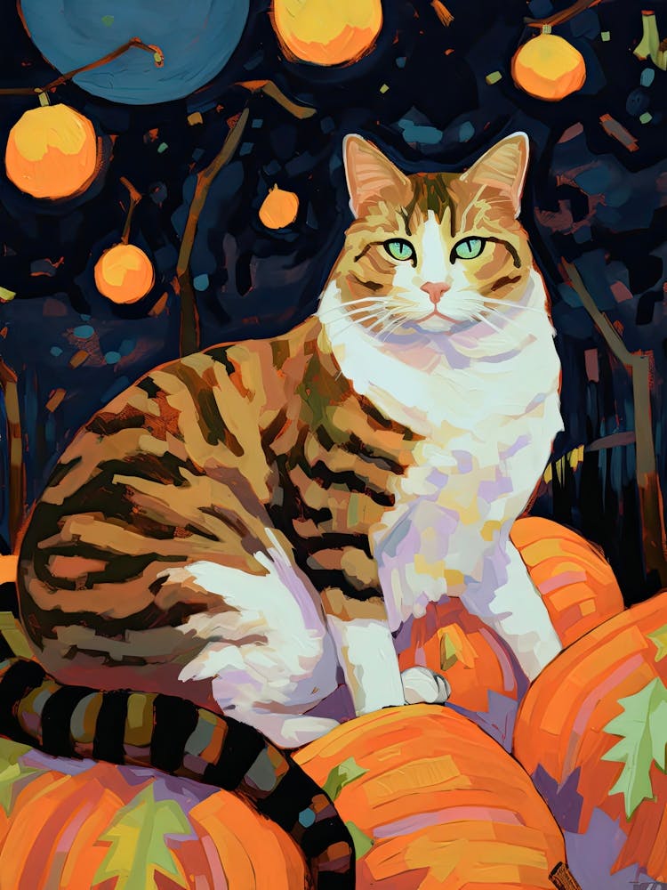 Ginger And With Cat With Pumpkins Oil Painting