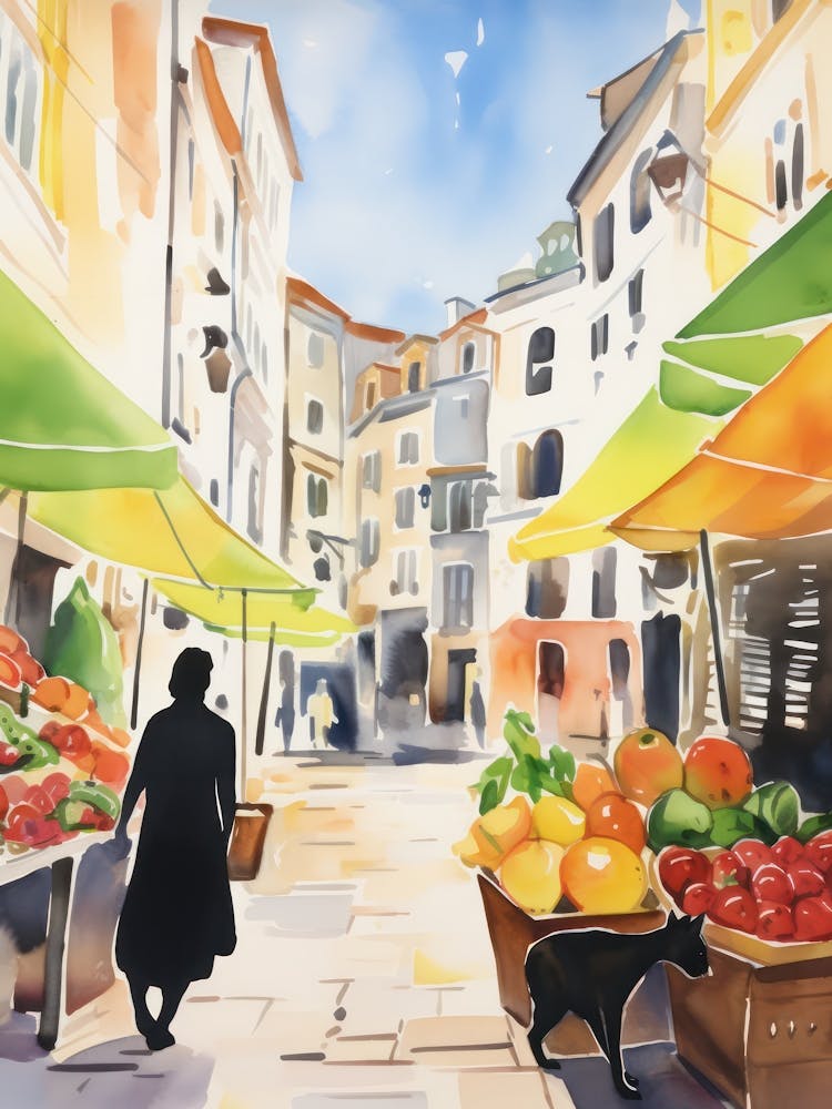 Food Market With Cats In Porto 1 Watercolour