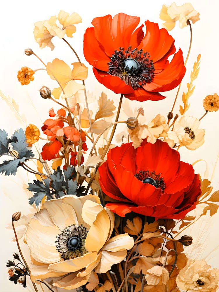 Red Poppy Floral Wall Art Vintage Botanical Illustration Elegant Wildflower Bouquet Print Nature Inspired Home Decor Canvas Or Framed Poster