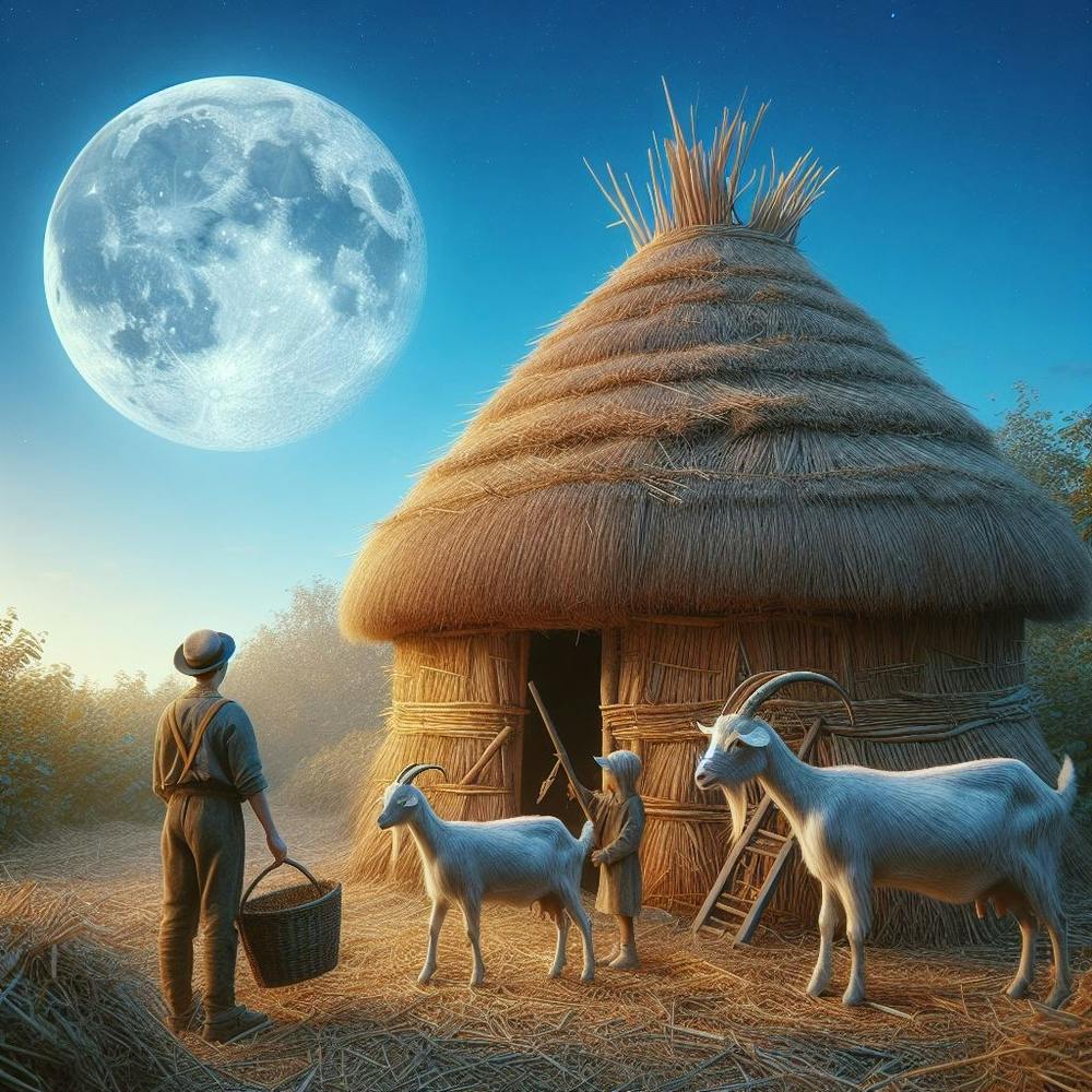 person and two goats are standing in front of a straw hut. The sky is blue, and there is a full moon.