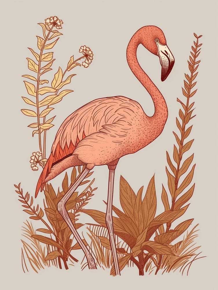 American Flamingo And Croton Plants Minimalist Illustration 4