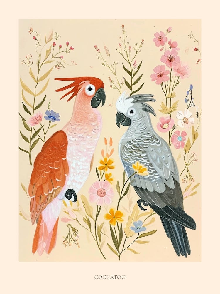 Folksy Floral Animal Drawing Cockatoo 3 Poster