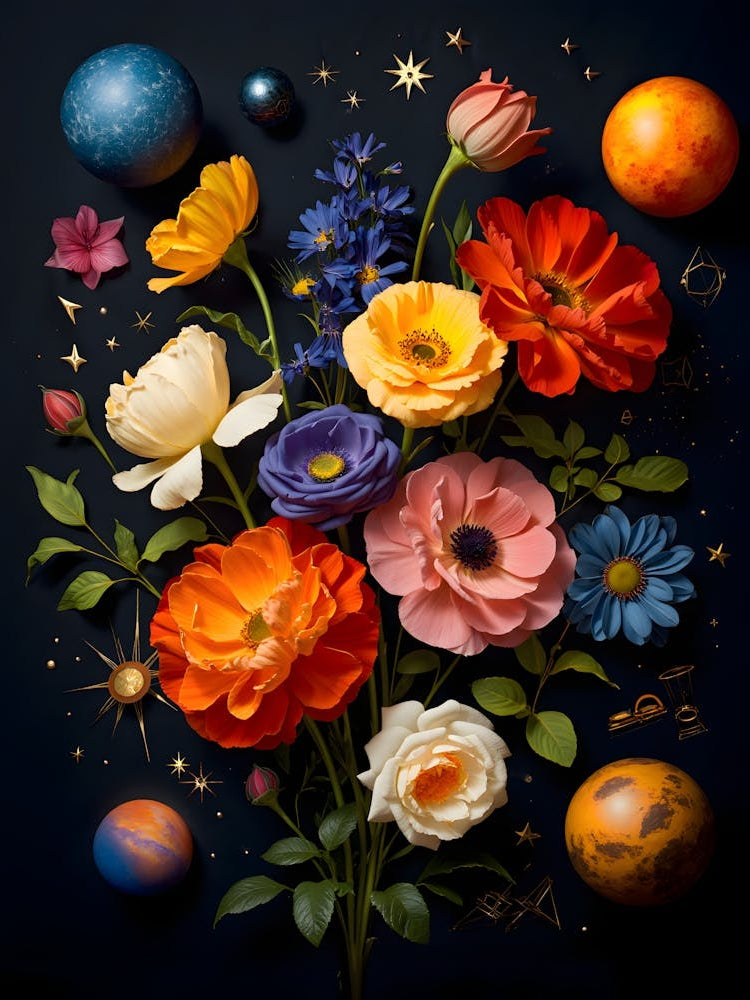 Vibrant Flowers and Planets Print - Fantastical Cosmic