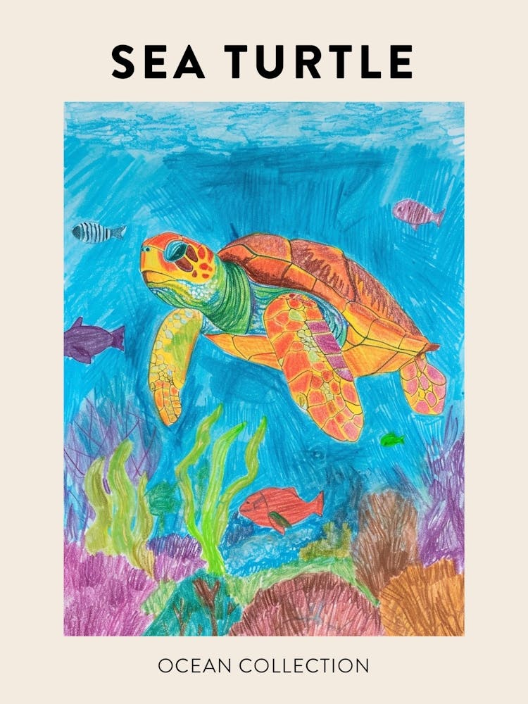 Pencil Scribble Sea Turtle In The Ocean Poster 1