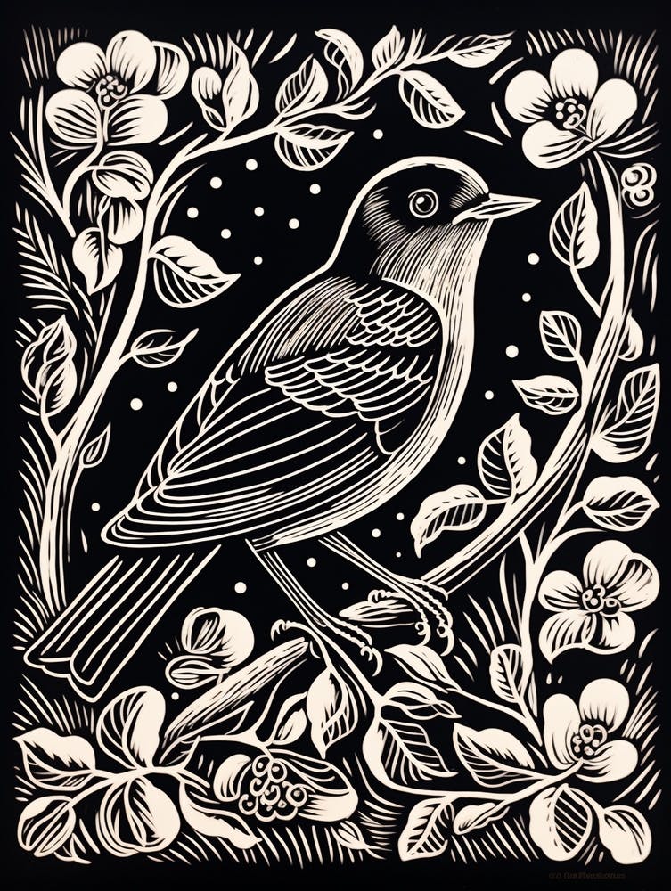 B&W Bird Linocut Robin 4