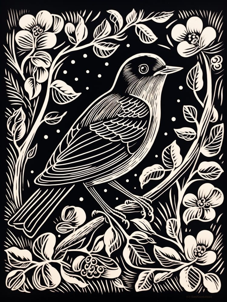 B&W Bird Linocut Robin 4