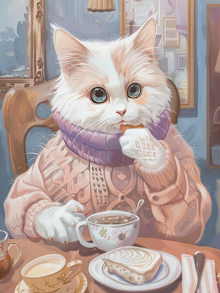 Weiß-braune Katze beim Frühstück – Volksillustration 4